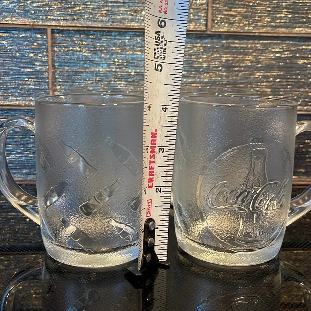 4 Set CocaCola Mugs Coffee Cups Clear Frosted Logo Icon Glasses Coke Bottle Cool